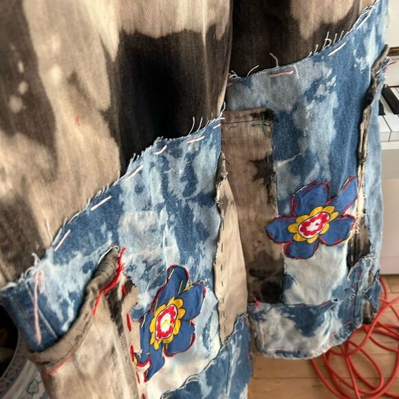 Upcycled Frayed Patchwork Jeans – 34" Waist Handmade Streetwear Pants Wide Leg - Picture 16 of 16